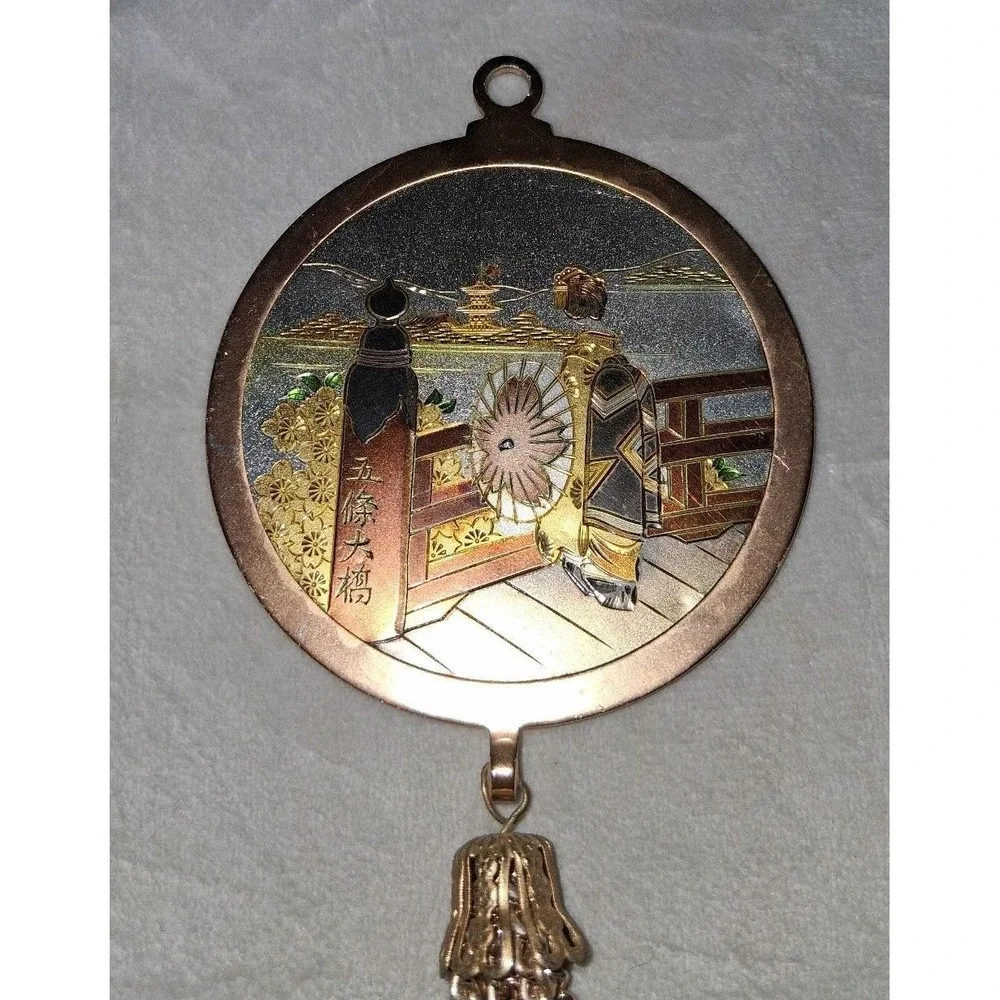 Vintage Japanese Damascene Style Pendant Geisha Scene Tassel 8.25